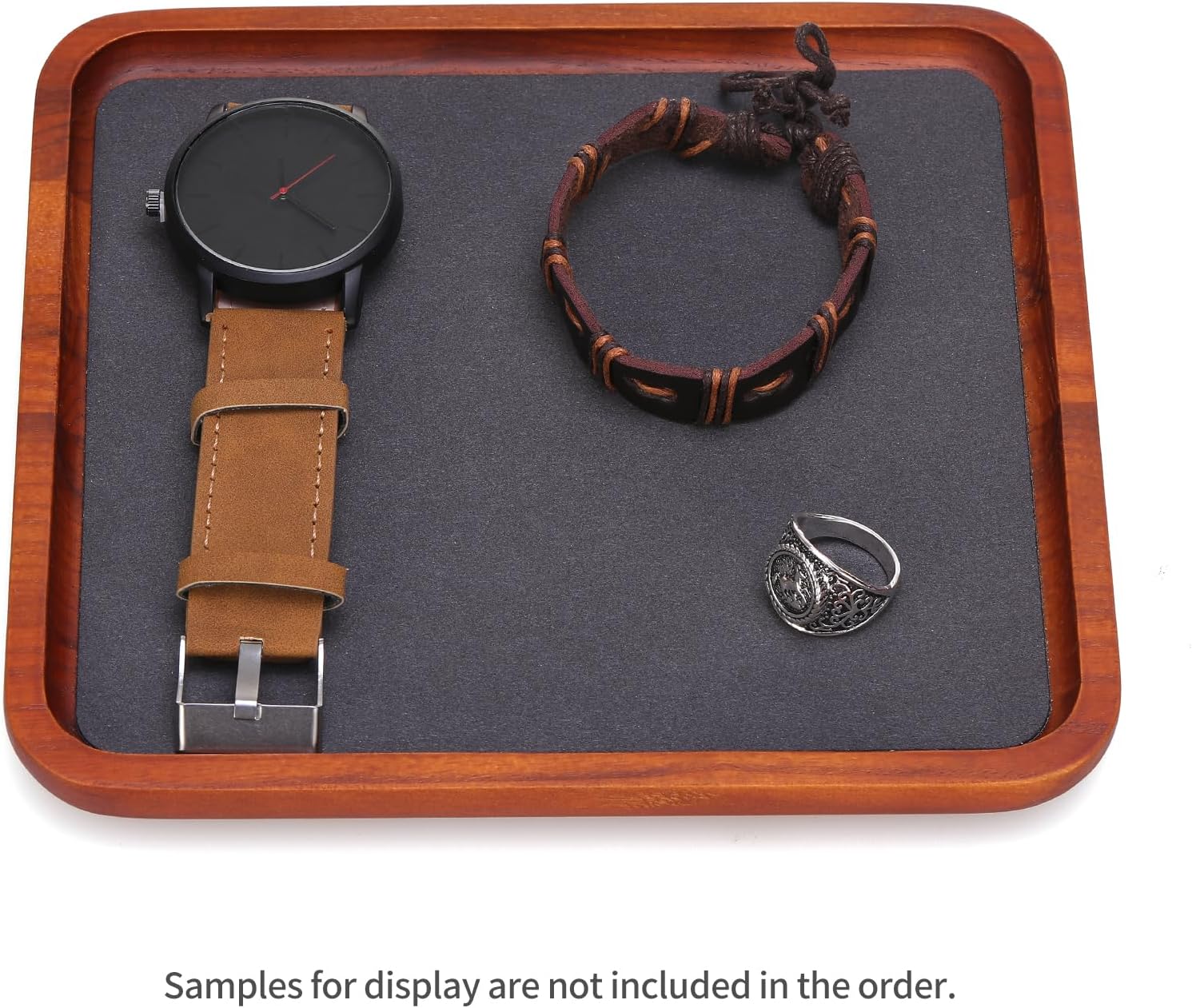 Wooden Jewelry Display Tray Rounded Rectangle Ring Showcase Stackable Elegant Bracelet Watch Jewelry Organizer for Personal Use and Commerce (Old Lace, Large-W 7'' x H 0.6'' x L 7.9'')