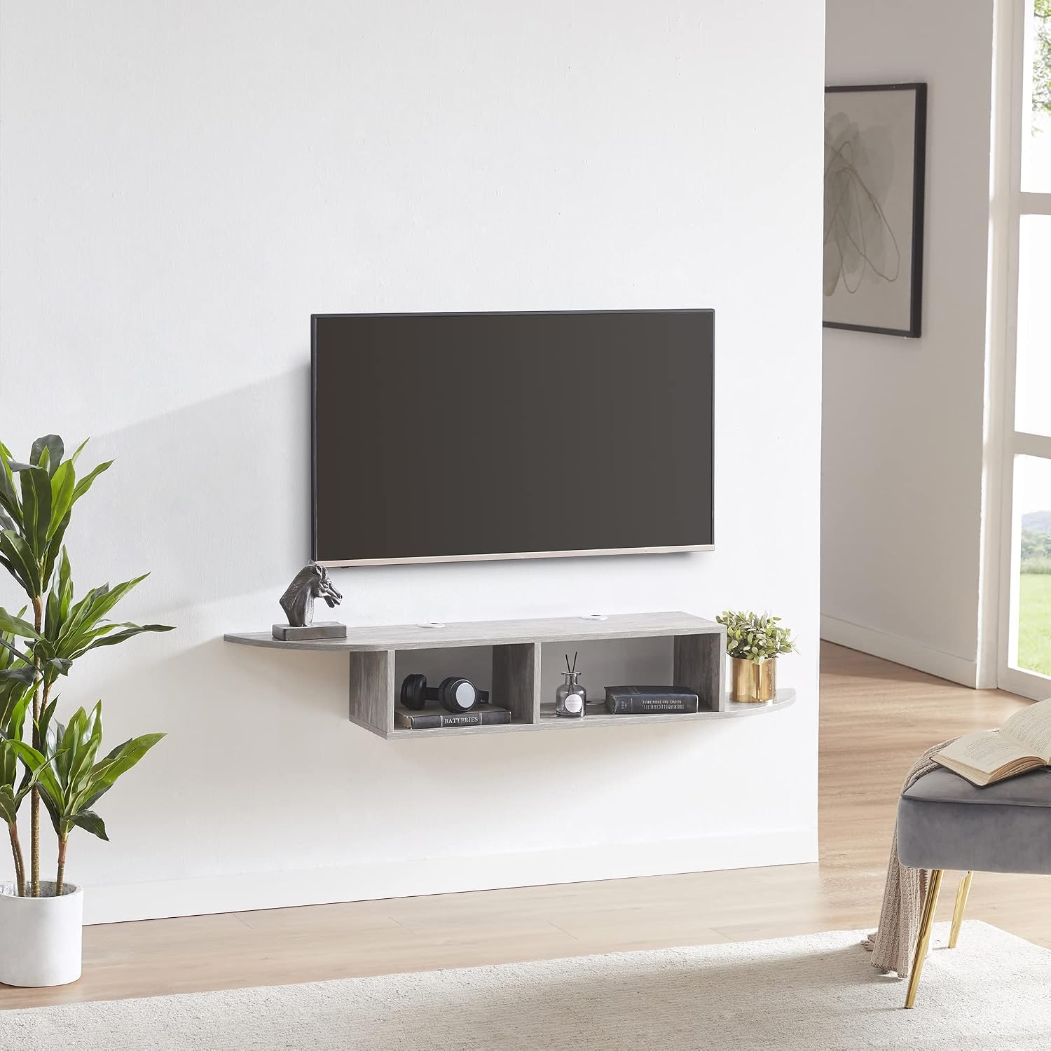 GHC Floating TV Stand, Wall Mounted Entertainment Center and Cabinet Shelf, TV Console with Storage, Media Console for DVD Player, Space-Saving Under TV Shelf for Bedroom, Living Room (Grey)
