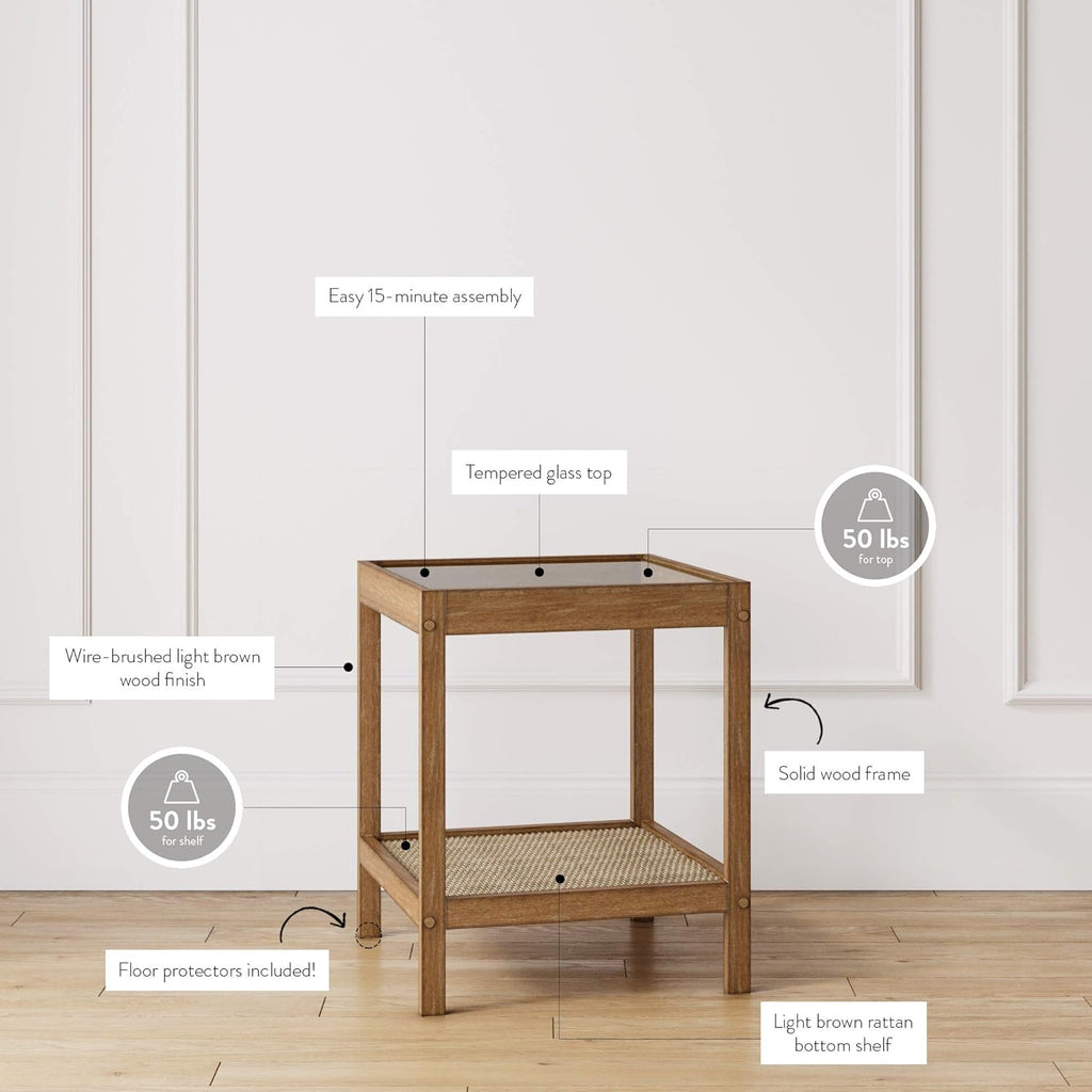 Nathan James Hayes Solid Wood Nightstand, Bedside, End or Side Table in Light Brown Wood Finish & Glass Top with Open Storage Shelf, Set of 2