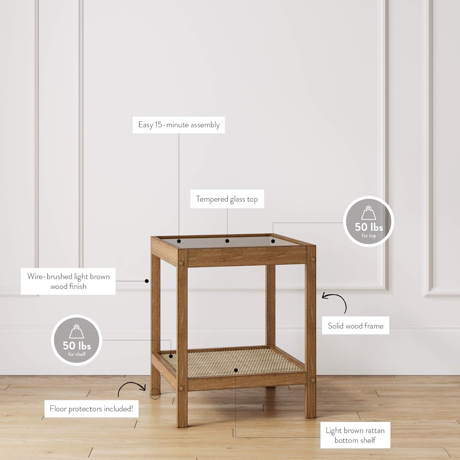Nathan James Hayes Solid Wood Nightstand, Bedside, End or Side Table in Light Brown Wood Finish & Glass Top with Open Storage Shelf, Set of 2