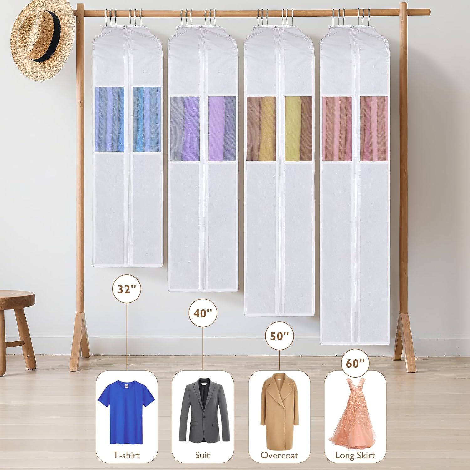 Univivi 40 Inch Cotton Garment Bags for Hanging Clothes 2 Pack, White | Breathable Cotton Fabric, Strong Zipper, Organza Window, 10in Wide Gusset Fits 6 Hangers, Perfect for Suits, Coats, Jackets