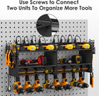 CCCEI Modular Power Tool Organizer Wall Mount Charging Station, Black 6 Drills Holder with 8 Plug Power Strip 10FT, Garage Drill Battery Heavy Duty Metal Shelf, Utility Rack with Hooks, Side Storage.
