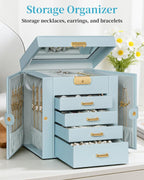 TORIBIO Jewelry Box for Women, Leather Jewelry Organizer with Mirror & Lock, 5-Tier Jewelry Storage Organizer with 4 Drawers for Girls/Women/Mothers, Necklace Earring Bracelets Holder Organizer