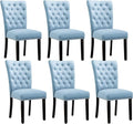 Velvet Dining Kitchen Chair Set of 6, Parsons Upholstered Dining Room Chair, Wood Accent Chair with Nailed Trim, Light Blue