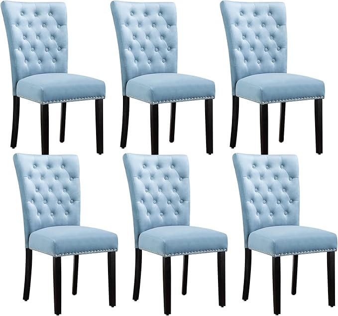 Velvet Dining Kitchen Chair Set of 6, Parsons Upholstered Dining Room Chair, Wood Accent Chair with Nailed Trim, Light Blue