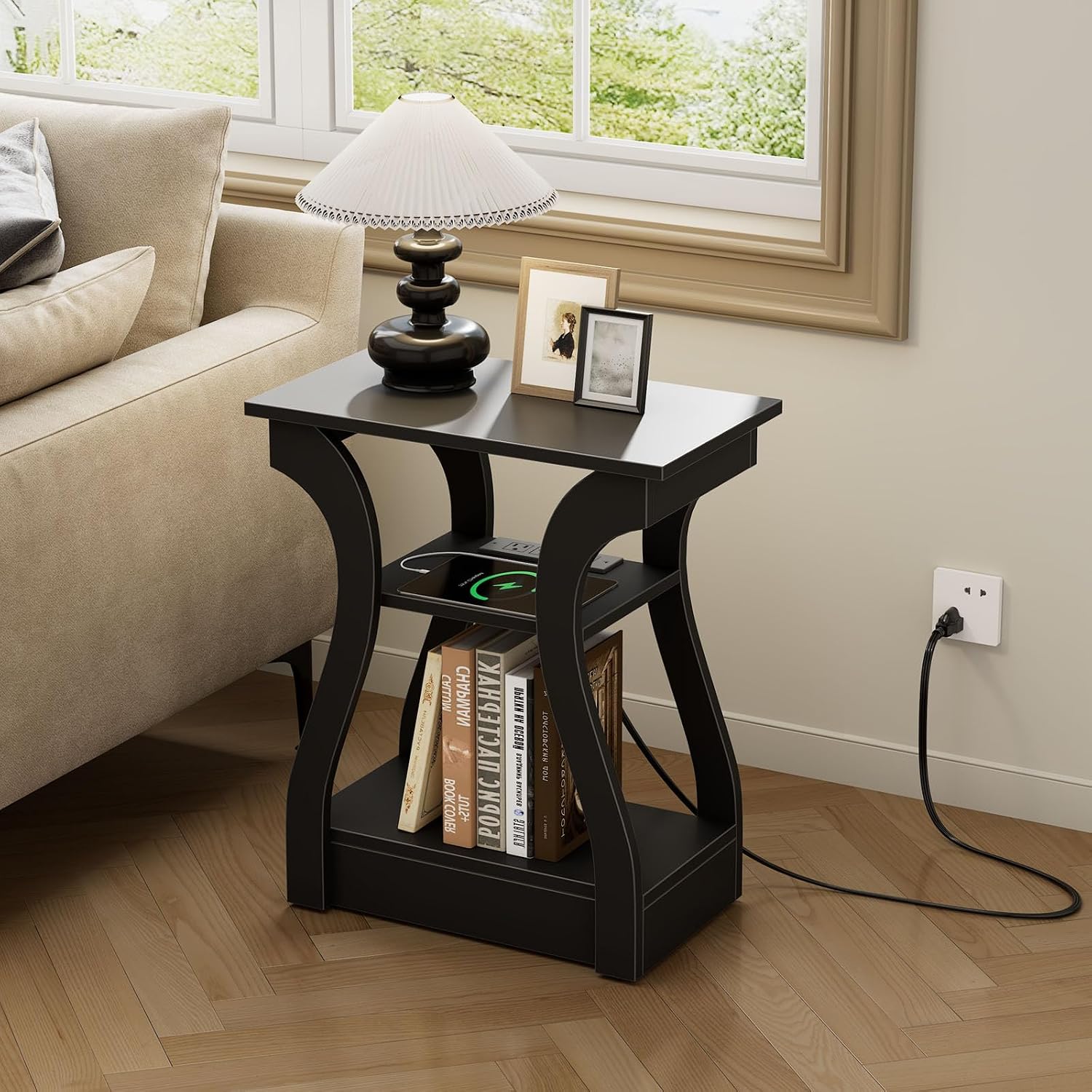 OLIXIS 3 Tier End Table with Charging Station, Modern Curved Nightstand Side Table with USB, Type-C Port & AC Outlets, Storage Shelf Cabinet for Living Room Bedroom Home Decor, Black