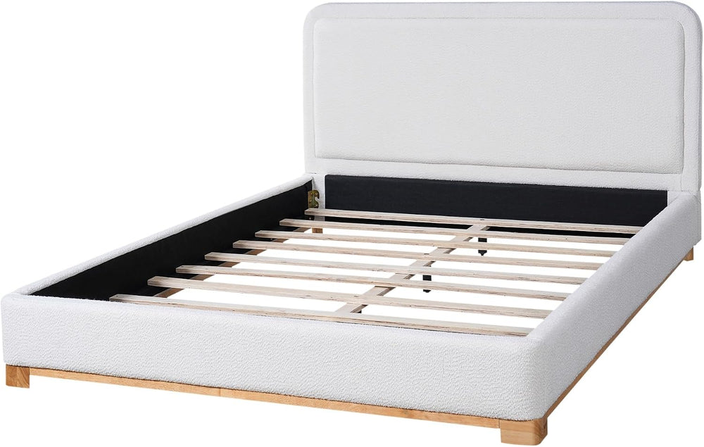 Peanu Queen Bed Frame, Boucle Upholstered Headboard, White Base