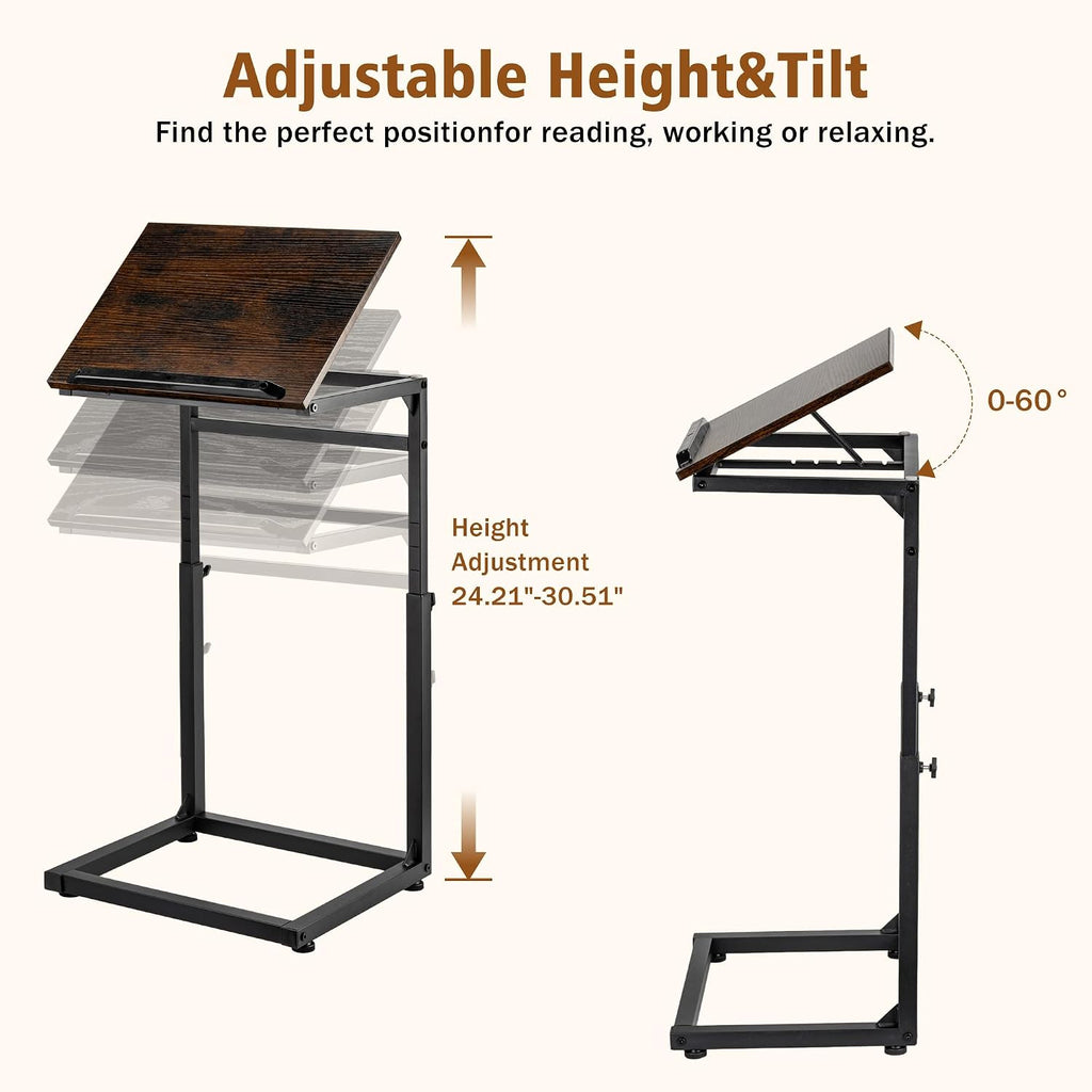facka C Shaped TV Tray Table, Adjustable Height & 0-60° Tilt for Couch | C Table Sofa Side End Table with Stopper Ledge, Couch Table for Eating, Laptop, Reading & Small Spaces Brown