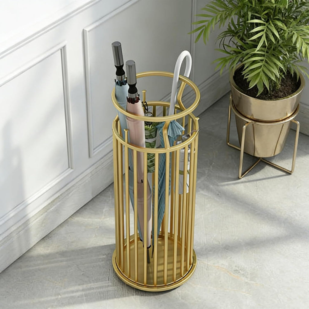 Metal Umbrella Stand with Hooks, Commercial Umbrella Holder & Storage Rack Organizer, Floor Standing Umbrella Bucket for Home, Hotel, Lobby & Entryway Decor.(Gold)