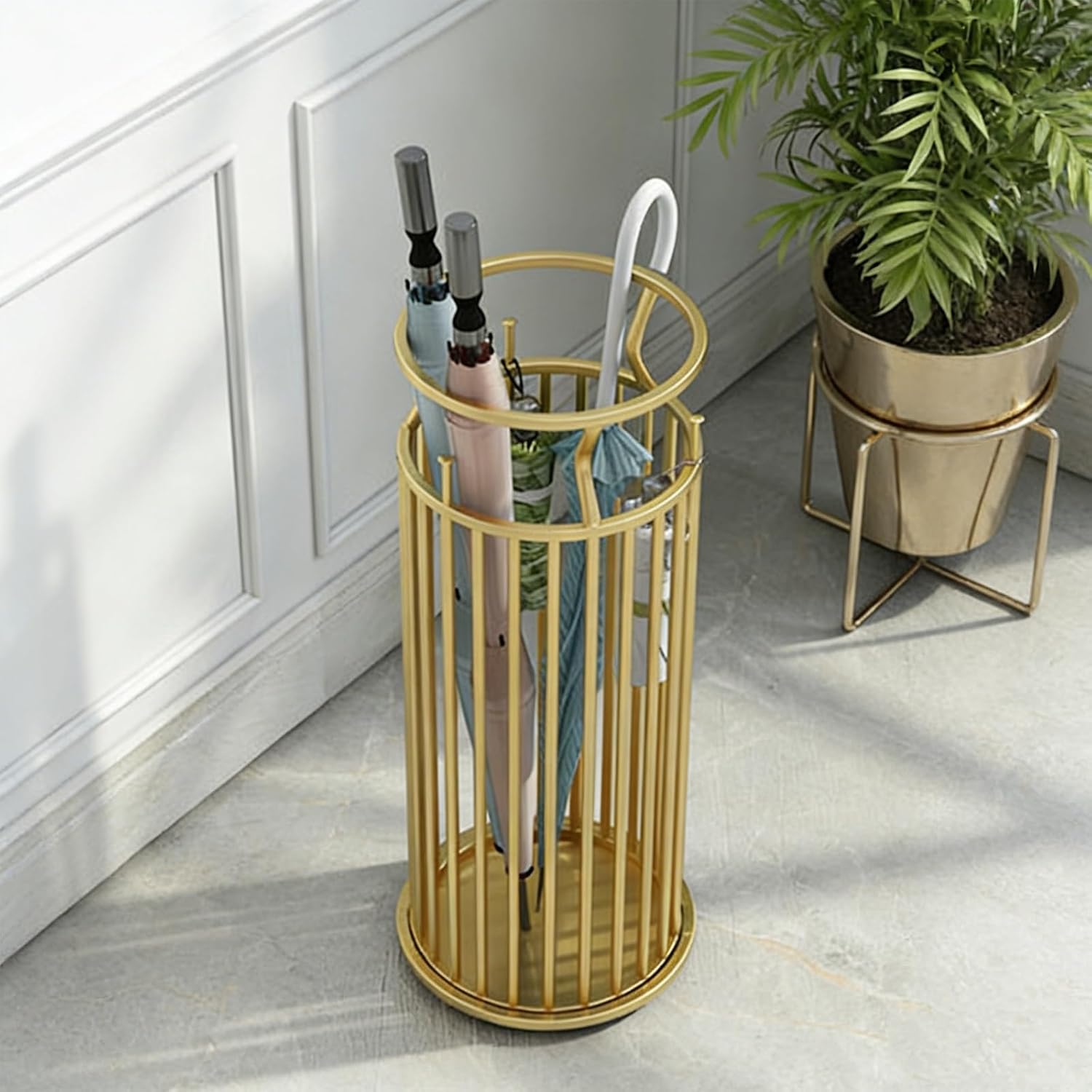Metal Umbrella Stand with Hooks, Commercial Umbrella Holder & Storage Rack Organizer, Floor Standing Umbrella Bucket for Home, Hotel, Lobby & Entryway Decor.(Gold)