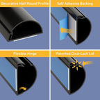 D-Line 13.12ft Cord Hider Kit, Patented Cable Cover, Hide Wires on Wall, Channel for TV Mount Cords, Raceway Wire Hiders, Paintable, Adhesive, Half Round, 4X 1.18in W x 0.59in H x 39in Lengths, Black