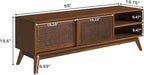 LKTART Mid Century Modern Rattan TV Stand for 65 Inch TV,59" Boho Media Console with Sliding Doors & Open Shelves,Solid Wood Legs for Living Room,Light Walnut