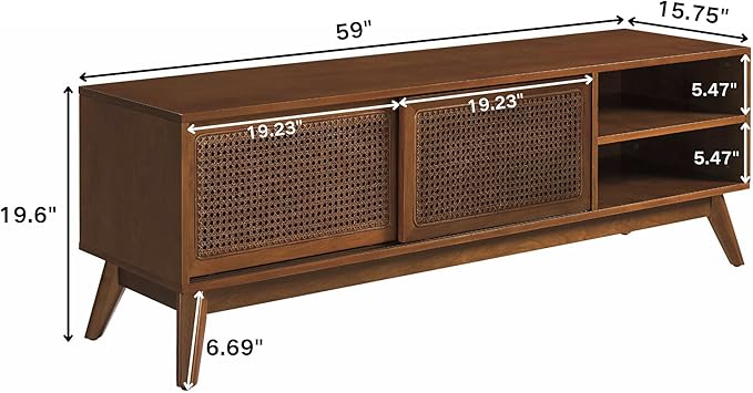 LKTART Mid Century Modern Rattan TV Stand for 65 Inch TV,59" Boho Media Console with Sliding Doors & Open Shelves,Solid Wood Legs for Living Room,Light Walnut