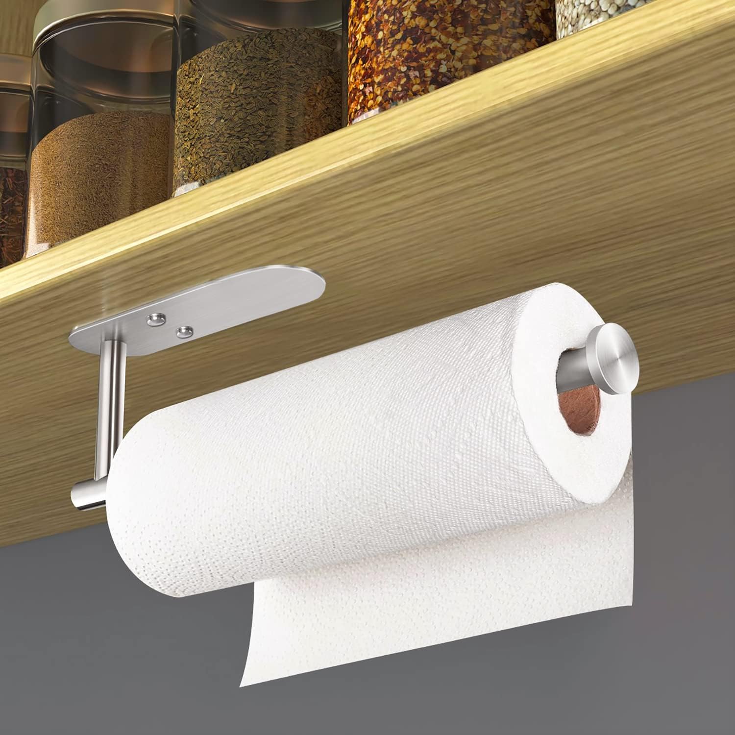 HUFEEOH Adhesive Paper Towel Holder Under Cabinet Wall Mount for Kitchen Paper Towel, Stainless Steel Paper Towel Roll Rack for Bathroom Towel (13inch, Silver)