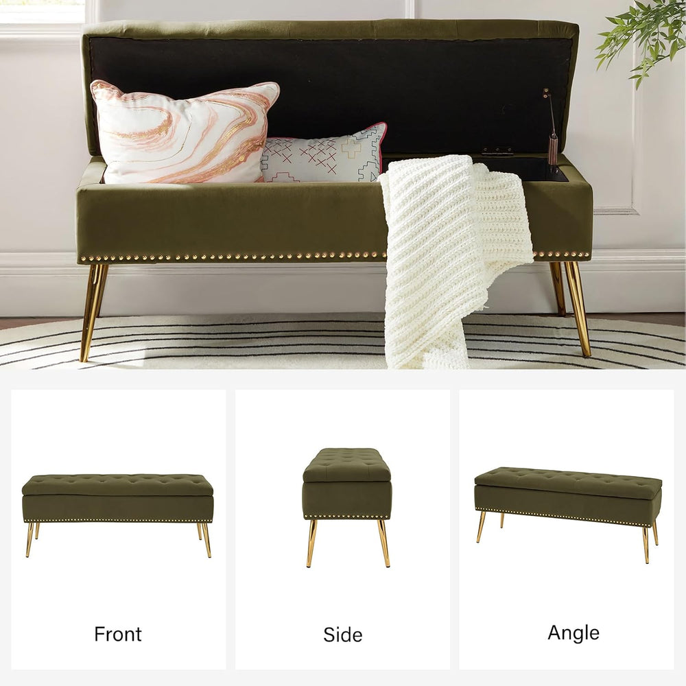 HULALA HOME Modern Velvet Storage Ottoman Bench with Gold Base & Nailhead...