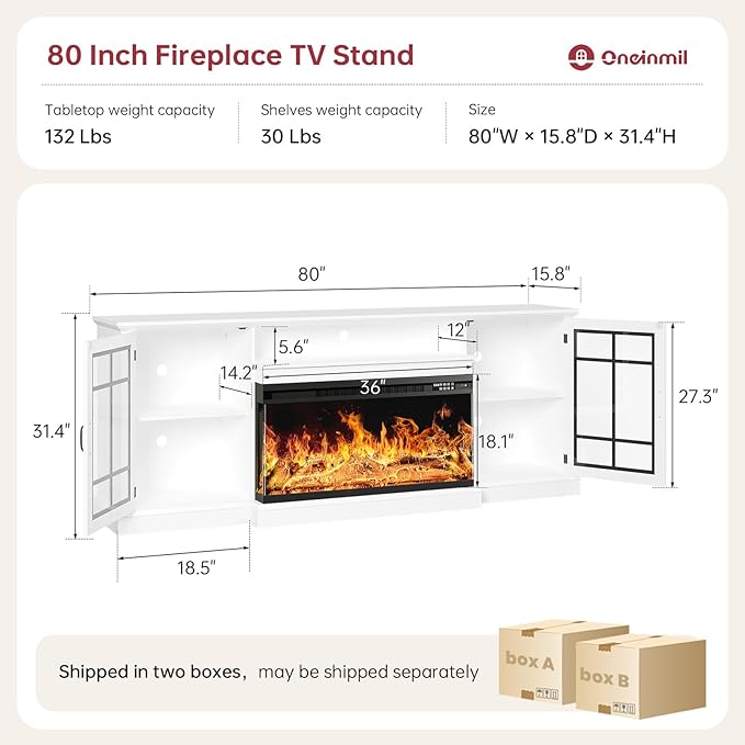oneinmil 80'' Fireplace TV Stand with 3-Sided Glass, TV Cabinet for TVs up to 85", 80'' Modern Media Entertainment Center with Farmhouse Glass Door Storage Cabinets