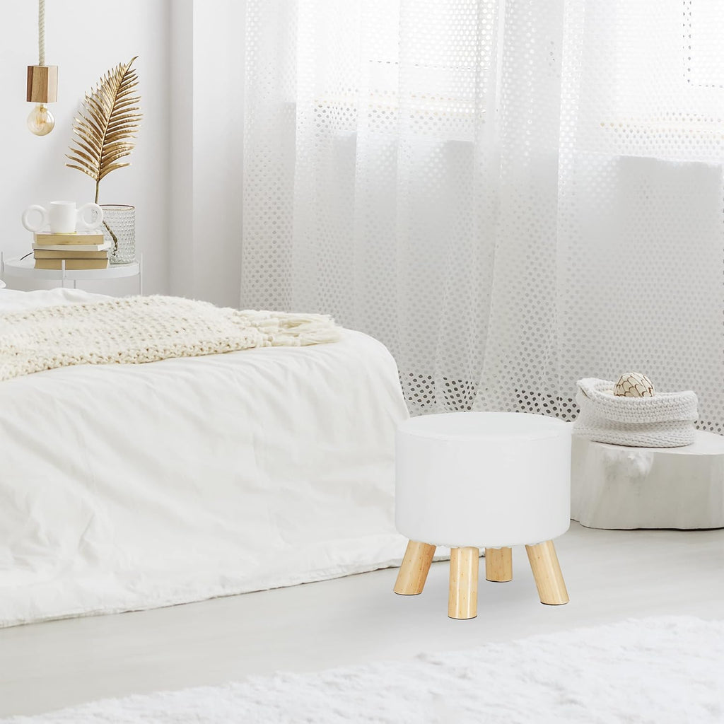 Relaxdays Faux Leather Padded Stool with 4 Wooden Legs Flat Footstool Round Decorative Stool H x D 30 x 30 cm White