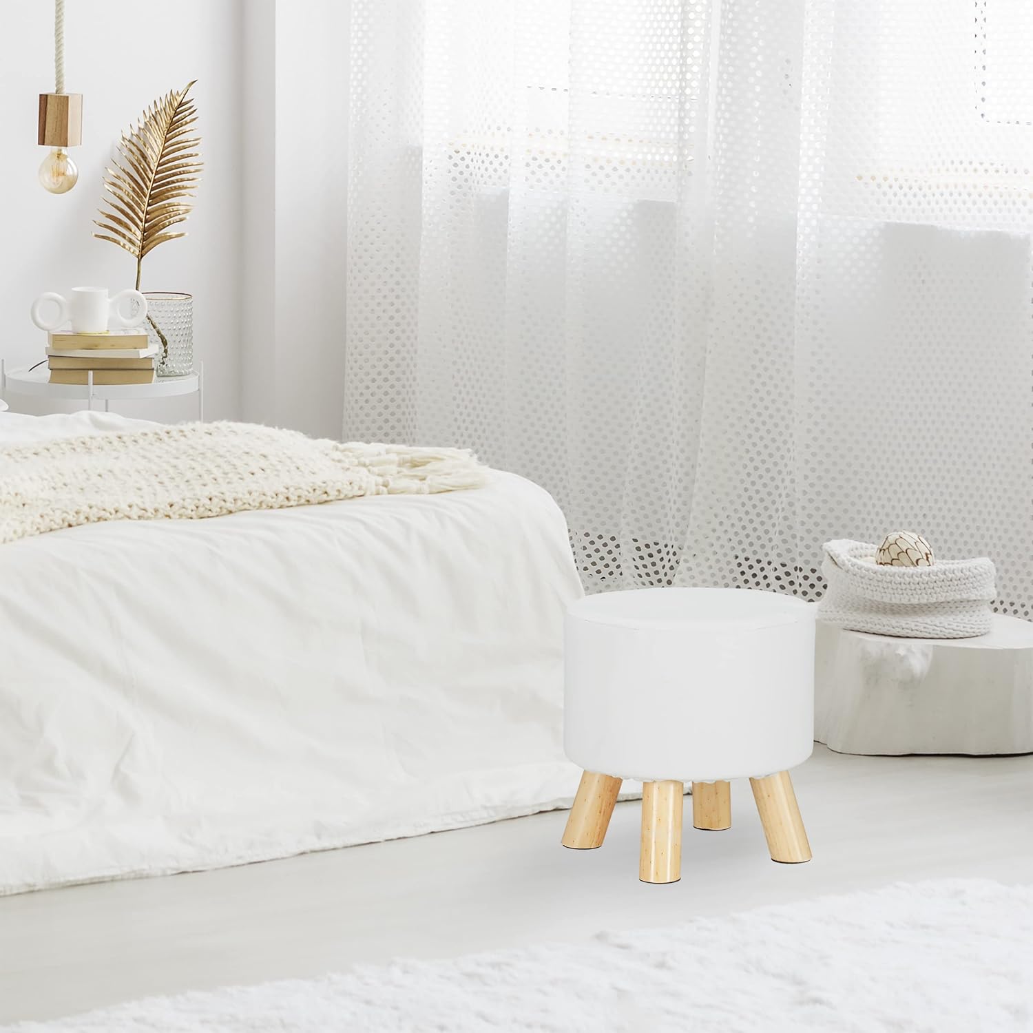 Relaxdays Faux Leather Padded Stool with 4 Wooden Legs Flat Footstool Round Decorative Stool H x D 30 x 30 cm White