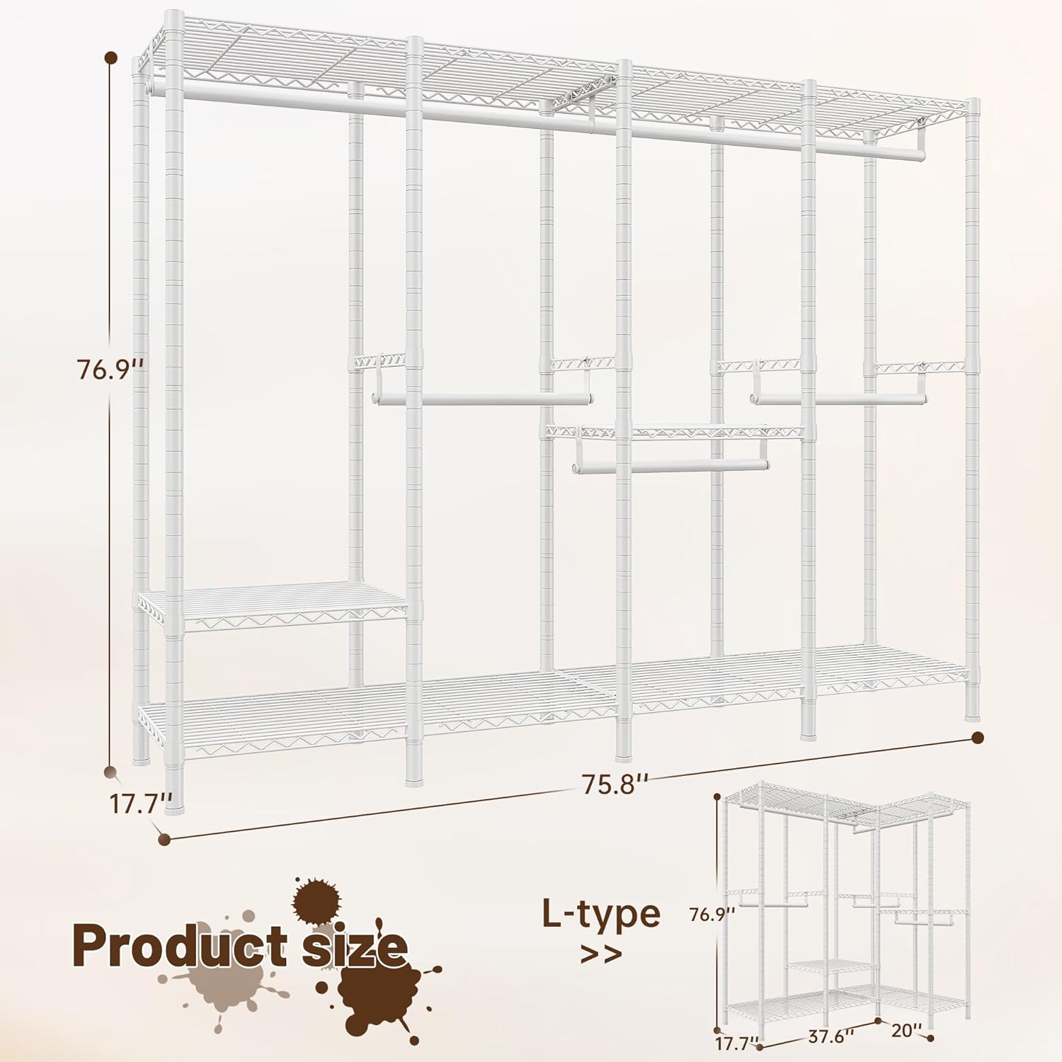 Raybee 76.9" H Clothes Rack Heavy Duty Loads 1100 LBS Metal Clothing Racks for Hanging Clothes Adjustable Garment Rack White,75.8" W*17.7" D*76.9" H