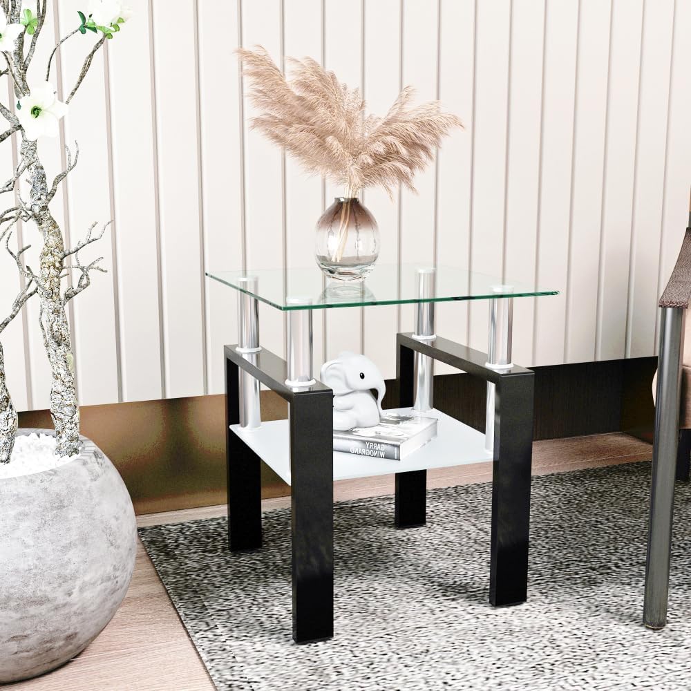 Set of 2, Modern Tempered Glass Tea Table Coffee Table End Table, Square Tabl...
