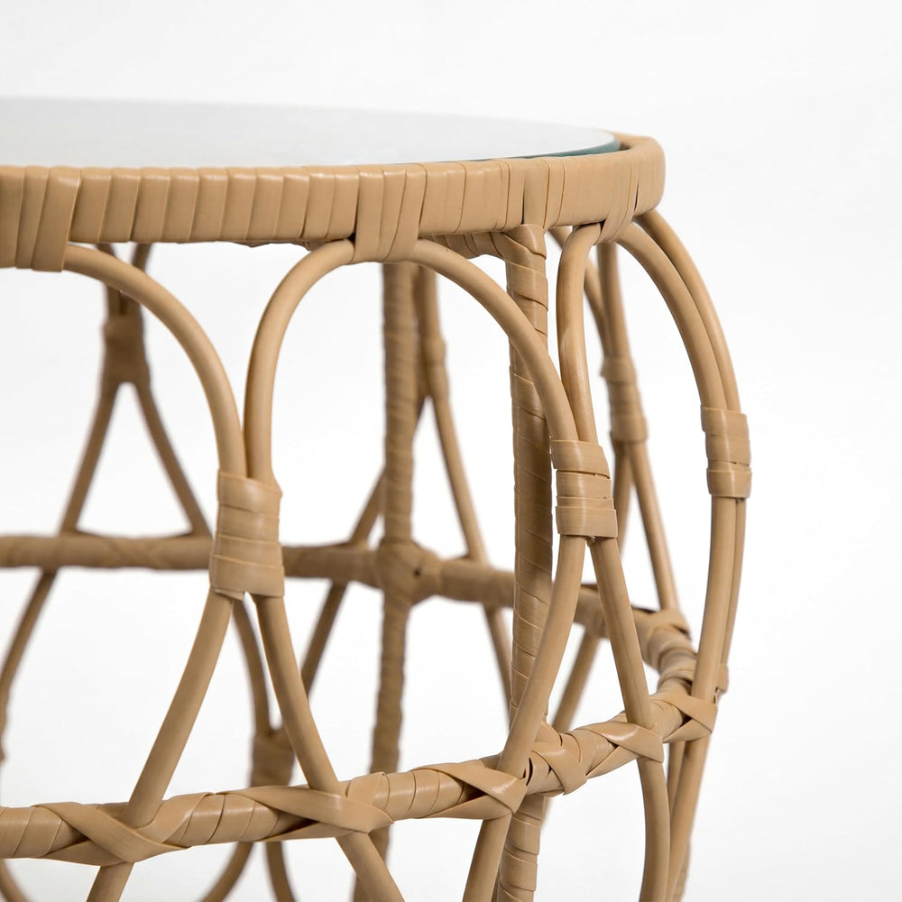 Furniture of America Ysar Boho Rattan Round Coffee Table Outdoor with 5mm Tem...