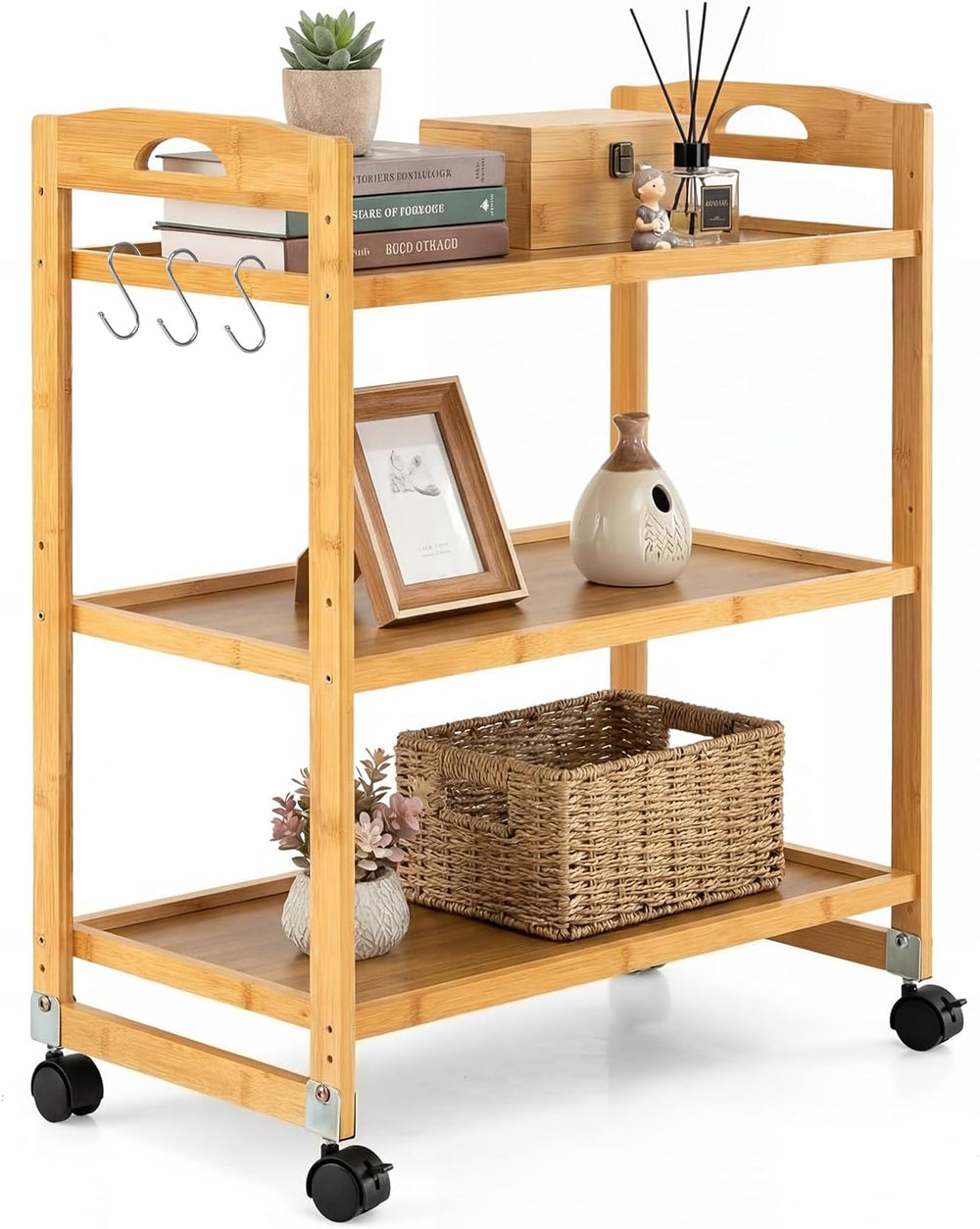 Giantex 3-Tier Rolling Storage Cart, Bamboo Utility Cart w/ 3 Side Hooks &amp...