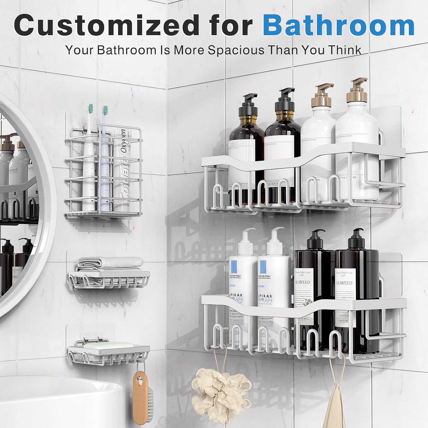 EUDELE 5-Pack Rustproof Stainless Steel Shower Caddy Set– No Drill Adhesive Bathroom Organizer, Space-Saving Shower Shelves for Apartment Essentials, Bathroom/Kitchen Storage Home Decor-L Size