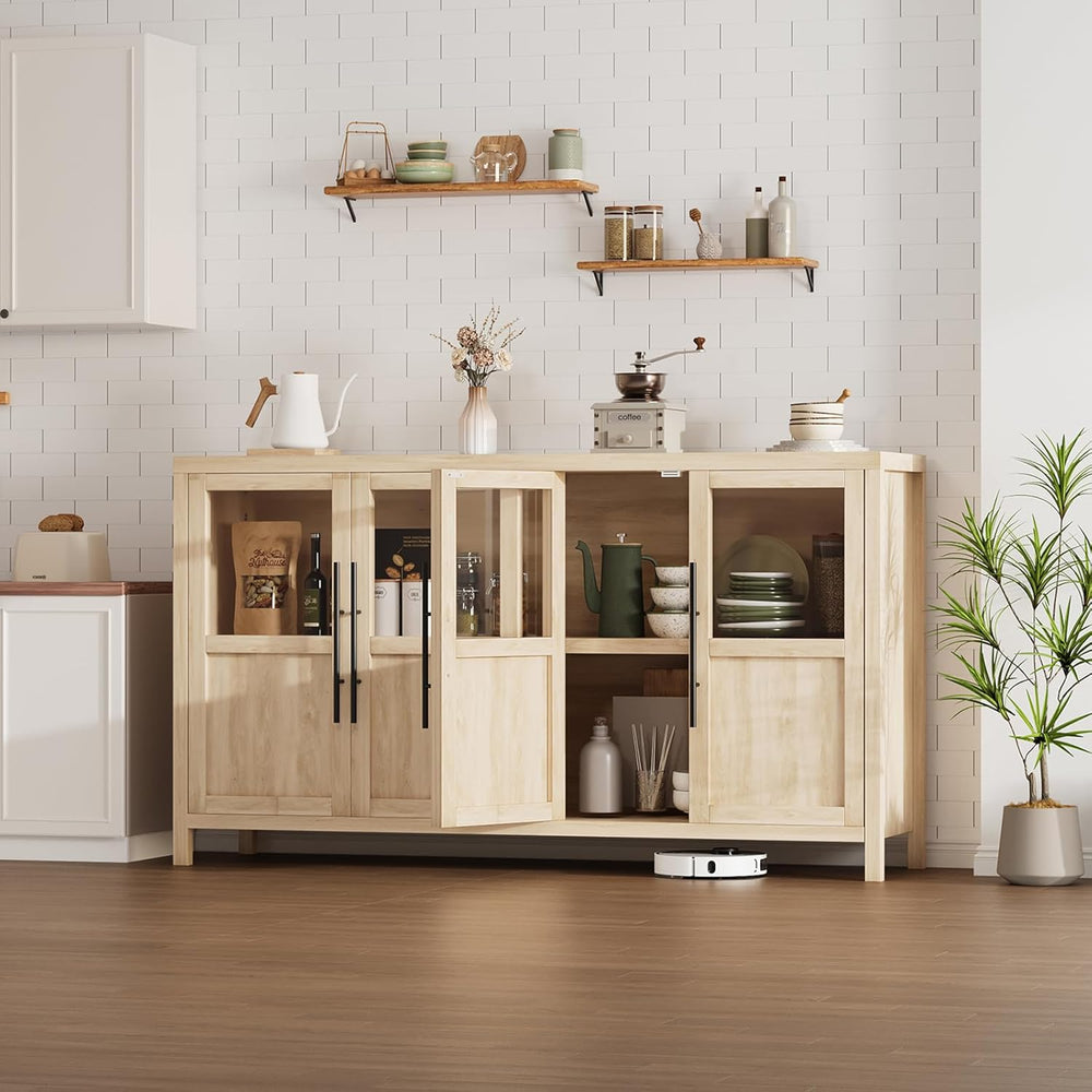 GarveeHome Sideboard Buffet Cabinet with 4 Glass Doors, 55 in Buffet Table Co...