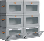 Large Closet Storage Bins - Collapsible Storage Bins with Handles & Window, Fabric Cube Organizer with Lids, Decorative Boxes for Living Room, Closet, Dorm, 6 Pack, Grey