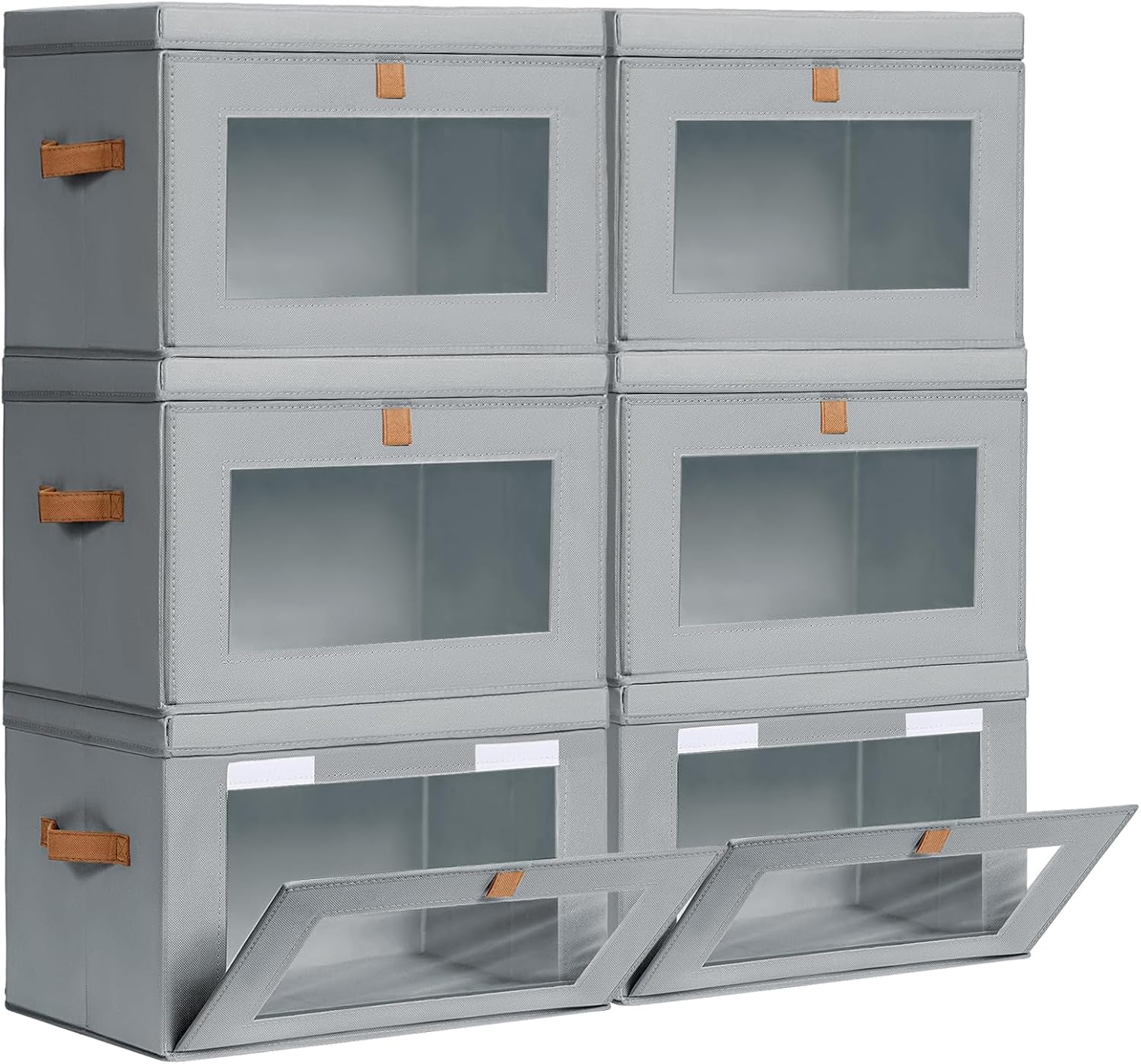 Large Closet Storage Bins - Collapsible Storage Bins with Handles & Window, Fabric Cube Organizer with Lids, Decorative Boxes for Living Room, Closet, Dorm, 6 Pack, Grey