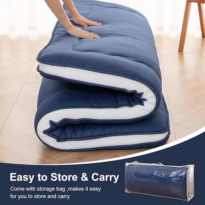 Japanese Floor Mattress, 4" Japanese Futon Mattress, Foldable & Portable Shiki Futon (shikibuton), Roll Up Thicken Sleeping Tatami Mat Sleeping Pad for Camping (Navy Blue, 39 x 80)