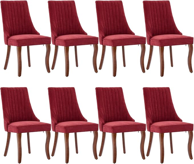 Dining Chairs Set of 8,Comfy Fabric Upholstered Chairs for Kitchen Living Room,Channel Tufted Dining Room Chairs with Curved Solid Wood Legs(WineRed,8 Pcs)