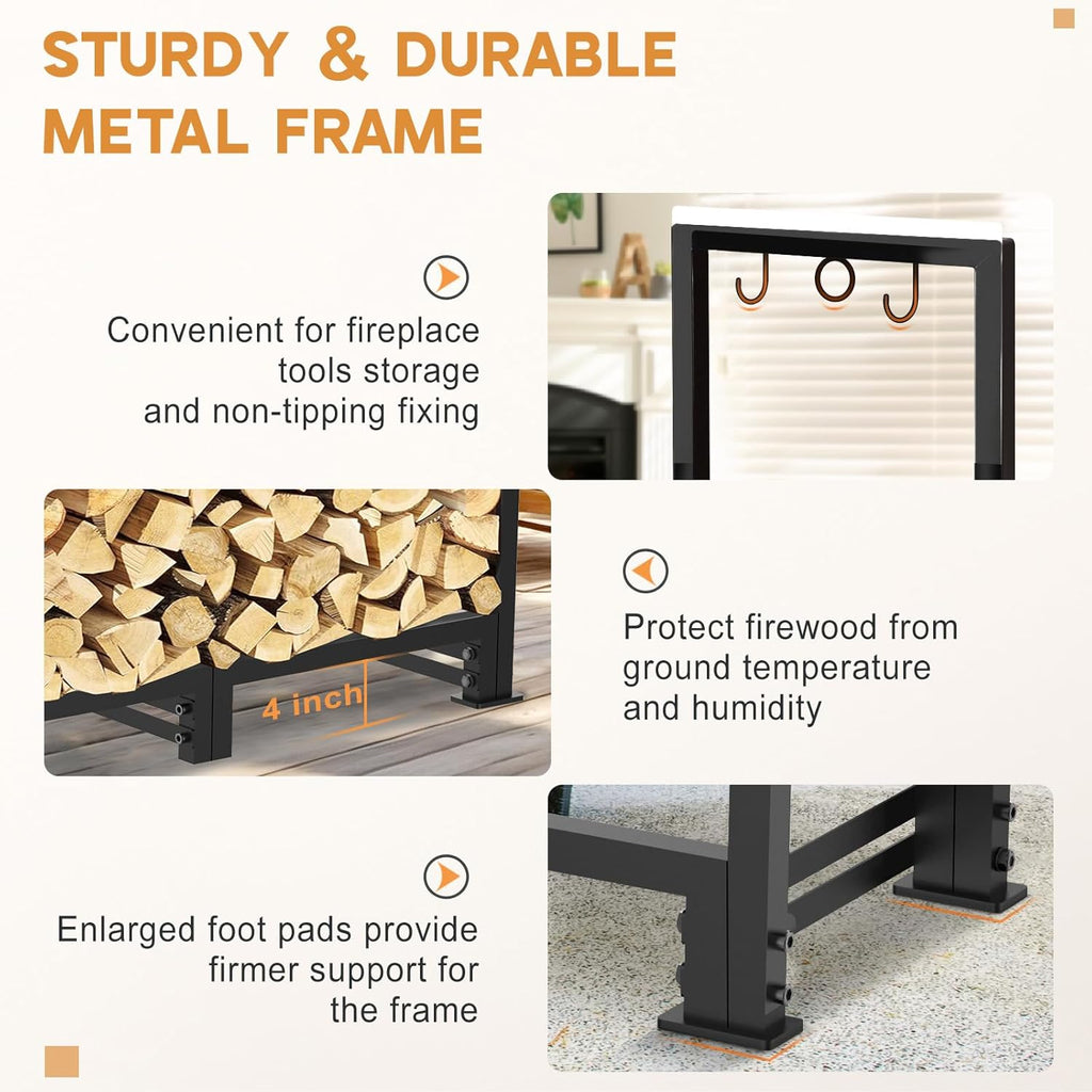 8ft Firewood Rack Outdoor with Waterproof Widened Cover, Heavy Duty Firewood Holder Included Supporting Strap, Powder-coated Wood Rack for Firewood Storage