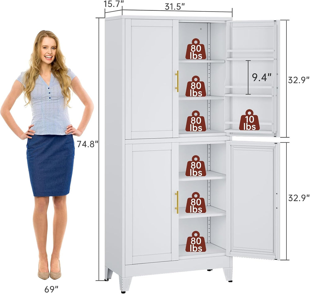 PAOFIN 75" H Metal Storage Cabinet, Pantry with 6 Door Shelves and 4 Adj...