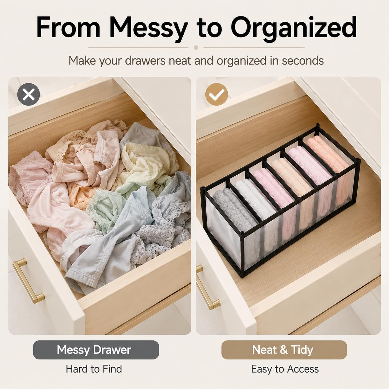 Nylon Drawer Dividers Breathable Mesh Organizers With Reinforced Edges For Lingerie, Socks, Underwear And Travel, 7 Grid