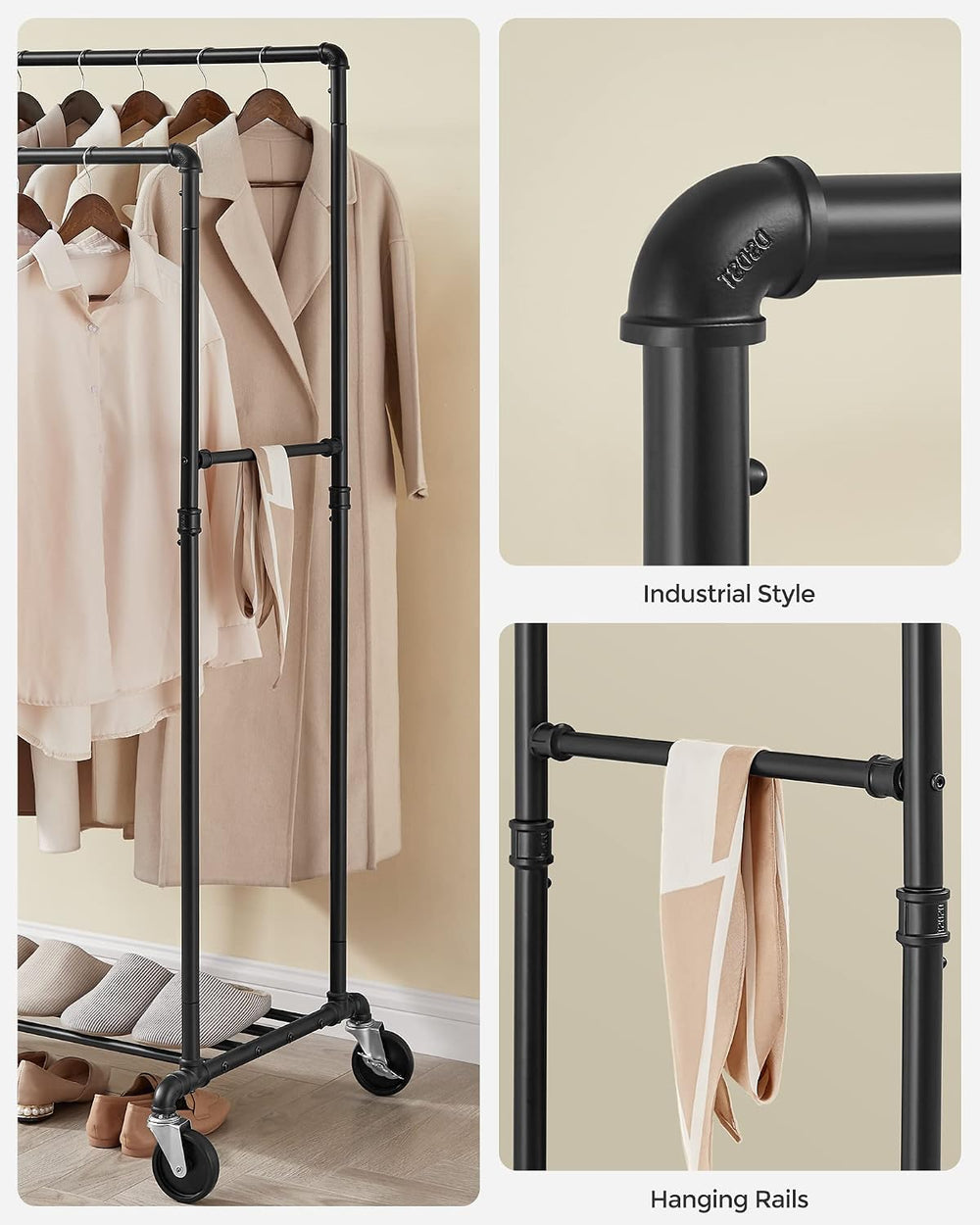 SONGMICS Heavy-Duty Clothes Rack, Double-Rod, Metal Frame on Wheels