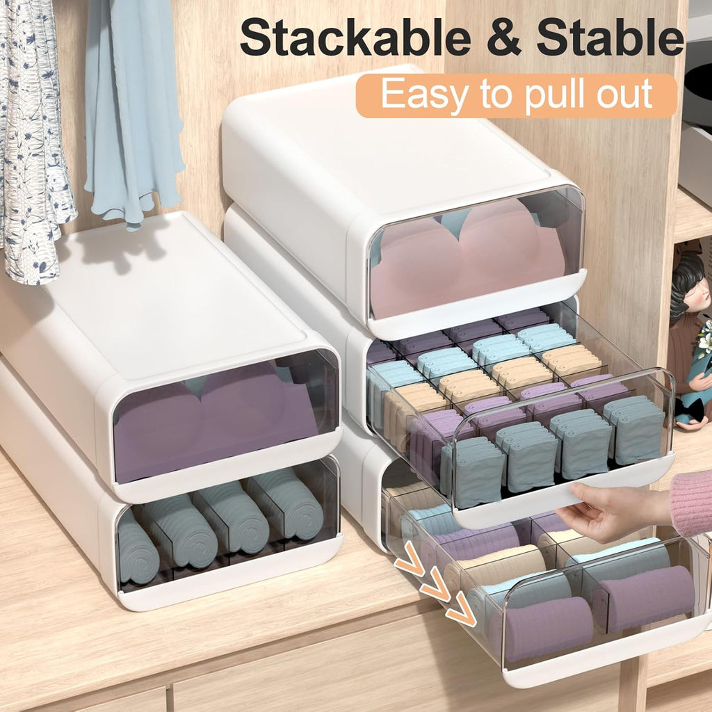 Underwear Organizer Drawer, 12 Cells Plastic Sock Underwear Storage Drawer, Stackable Closet Organizers and Storage Box for Bras, Socks, Scarves, Ties, Belt (King Size-White, 1 Pcs)