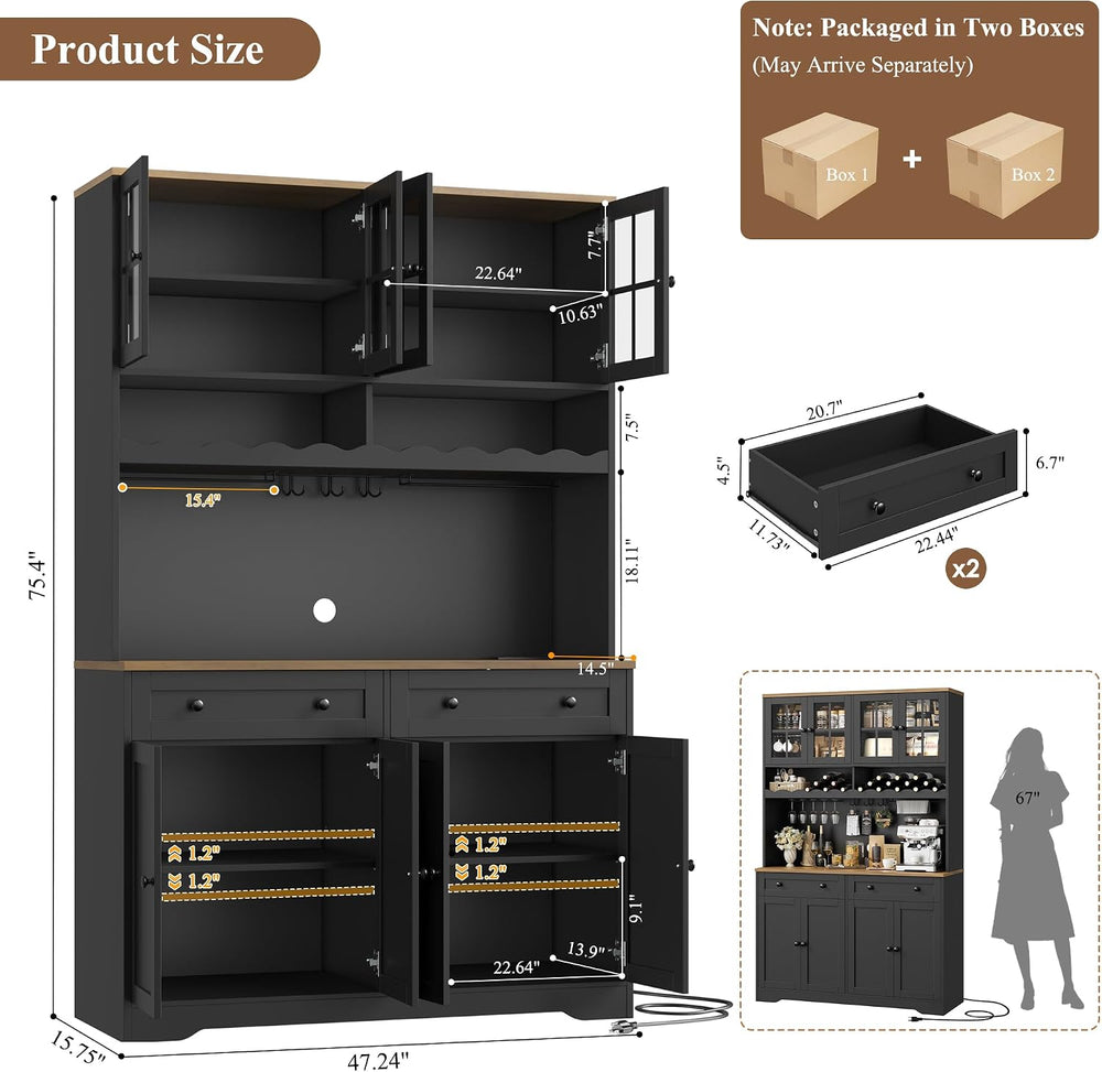HOSTACK 75" Kitchen Pantry Storage Cabinet, Coffee Bar Hutch Cabinet, Bl...