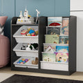 Black Kids Wood Bookshelf Toy Storage Box Organizer Shelf W/4 Removable Plastic Toy Bins Children Bookcase Toddler Baby Sling Book Rack Cabinet Chest Girl Boy Gift Playroom Classroom Bedroom Nursery