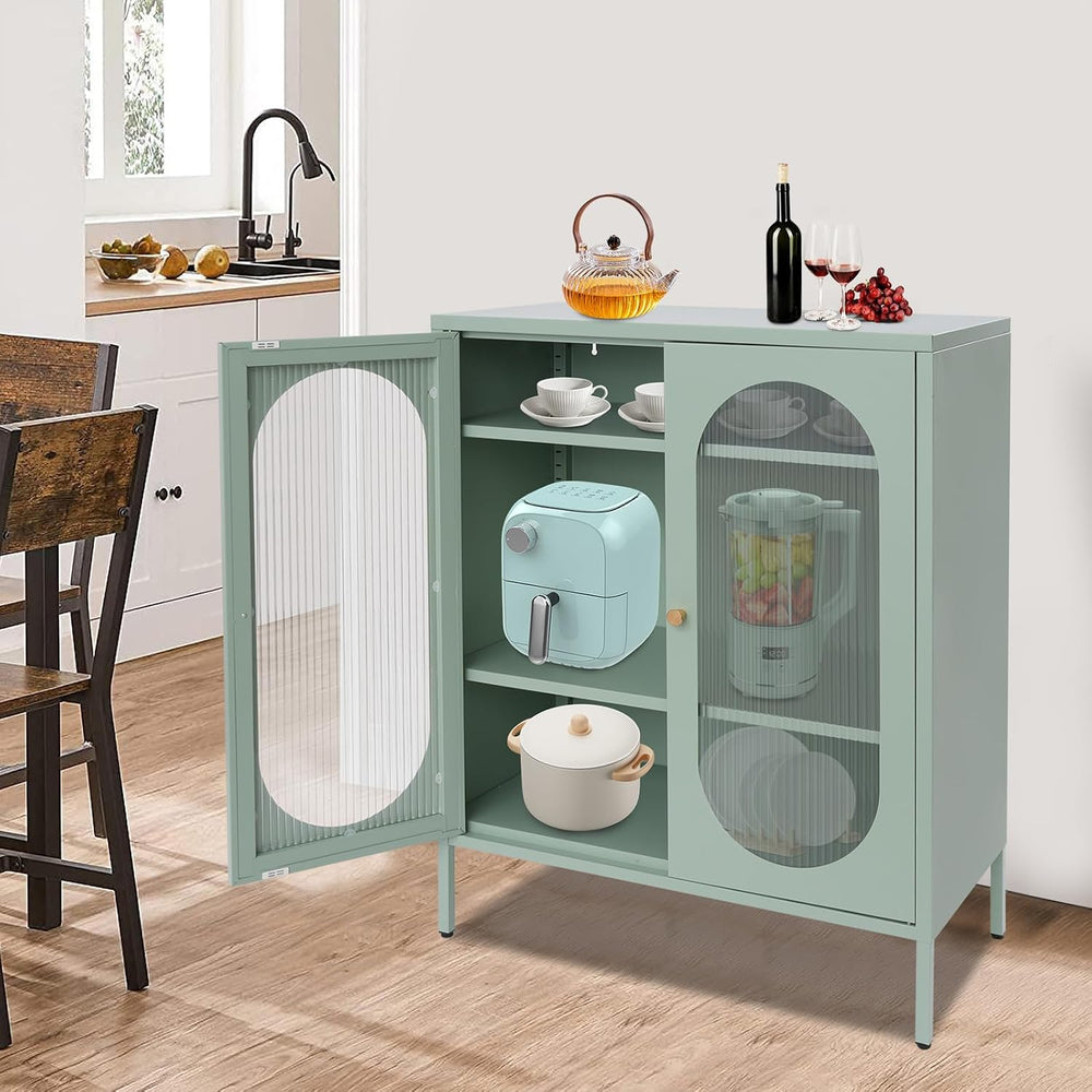 Accent Cabinet with Glass Doors – 3 Tier Storage, Modern Coffee Bar Station P...