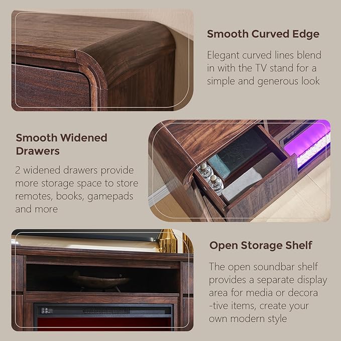 Modern Fireplace TV Stand with 36" LED Electric Fireplace for 80 inch TVs, 32" Tall Entertainment Center w/Drawers &Adjustable Shelves, Wood Media Console w/Curved Profile Design for Living Room,Brown