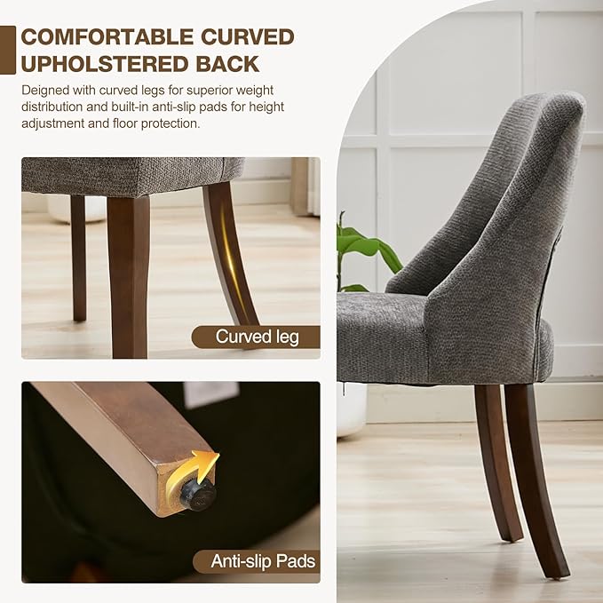 UVV Wooden Dining Chairs Set of 2, Mid Century Modern Upholstered Dining Room Chair Kitchen Chairs, Chenille Dinner Chair with Solid Wood Legs for Kitchen Dining Room, Dark Grey