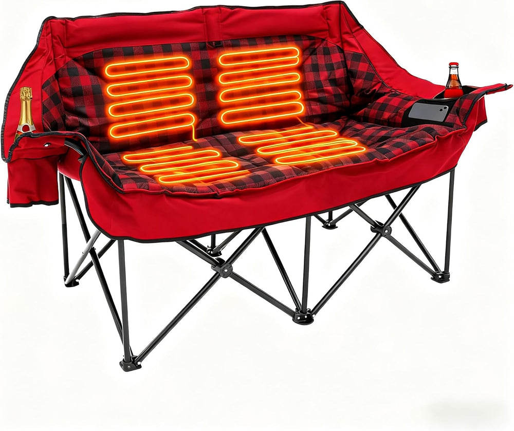 Heated Double Camping Chair, Padded Camping Couch with 3 Heat Levels and 4 He...