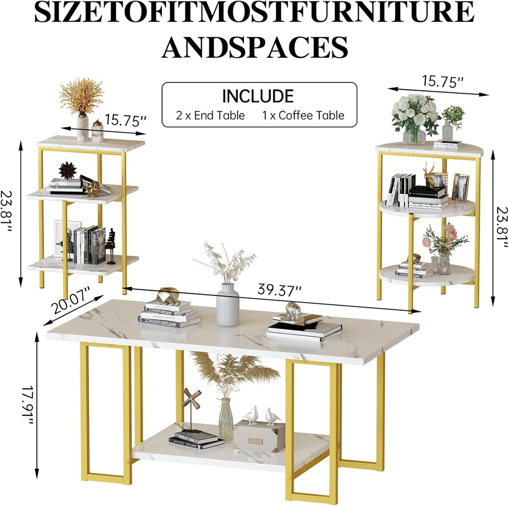 Lamerge Coffee Table Set of 3,Rectangle Coffee Table&2 Accent Table,Faux ...