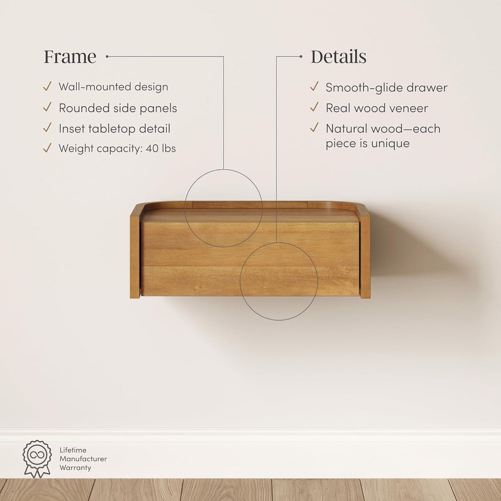Nathan James Tyla Wall Mounted Bedside Table, Floating 1-Drawer Nightstand wi...