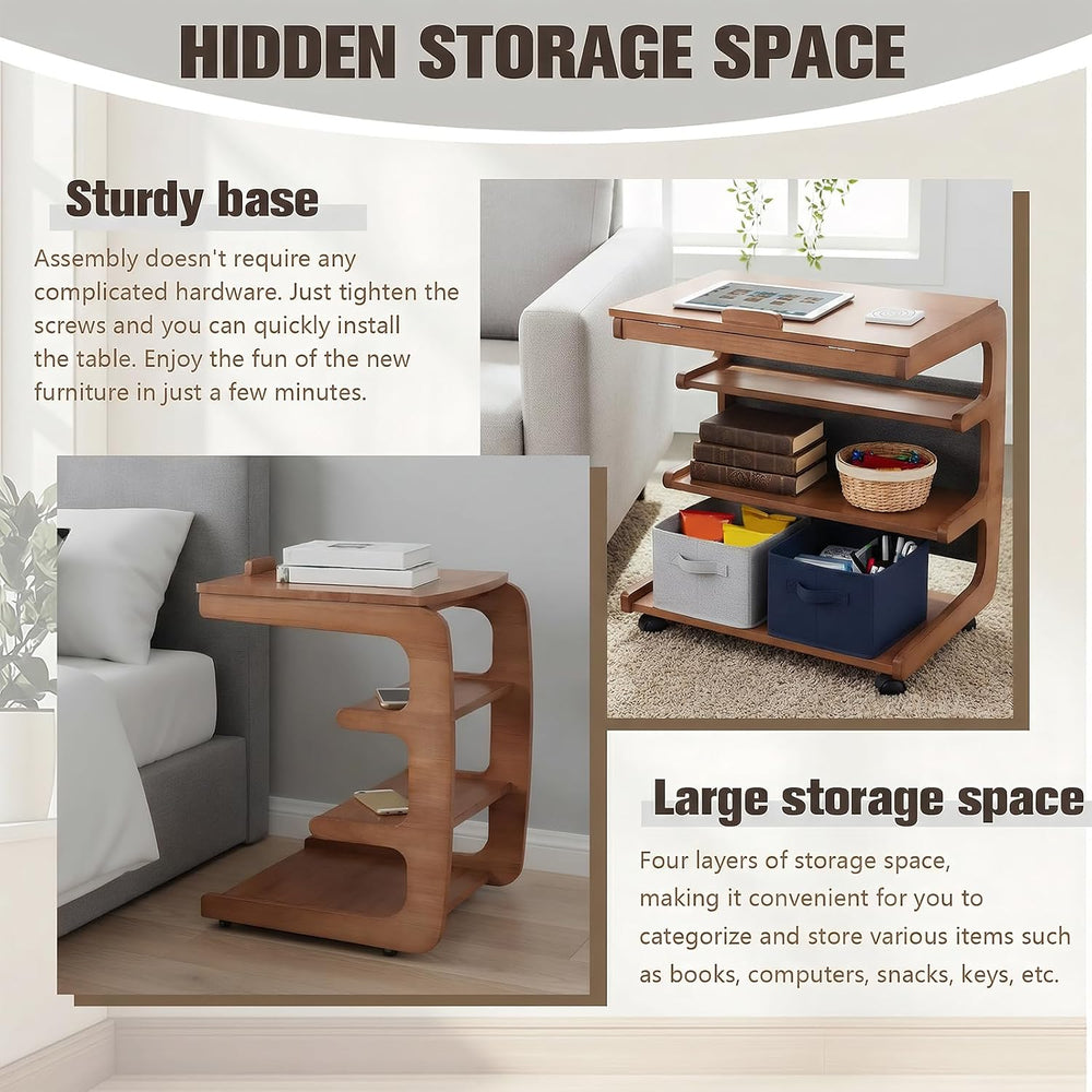 Multi-Layer Storage Rolling Side Table, C Shaped Couch End Table with Edge St...