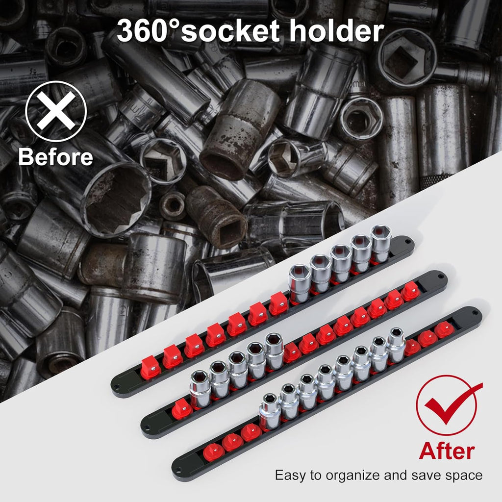 FivePears 3PCS 360° Socket Organizer Twist Lock,3/8 1/4 1/2 Socket Storage Rails, Premium Quality Socket Holders for Tool Box ，Tool Carts，Contains up to 40 Clips (Blue, Red and Black)