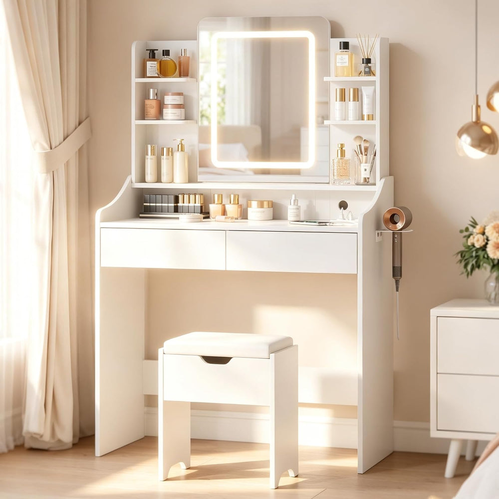 Vabches Vanity Desk with Mirror and Lights, Vanity with Lighted Mirror | Whit...