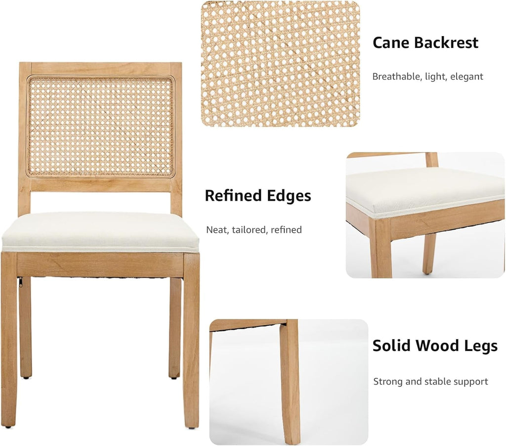 French Country Dining Chairs Set of 6, Beige Modern Kitchen & Dining Room Chairs, Rattan Dining Chair with Linen Upholstered Cushion, Low Cane Back, Wood Legs, Sillas de Comedor (Beige, 6 Pcs)