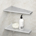 Corner Shower Shelf, 12" Trapezoid Grout in Shelf, 304 Stainless Steel Grid Design Recessed Bathroom Shelf for Tiled Wall